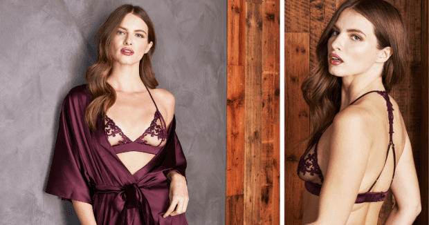 Fleur of England Bordeaux Burgundy Emroidered Silk Robe and Boudoir Bra, Brief and Thong