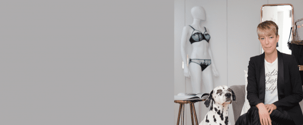 Sarah Connelly Lingerie Fitting and Styling_ Sarah sitting in studio with Dalmatian